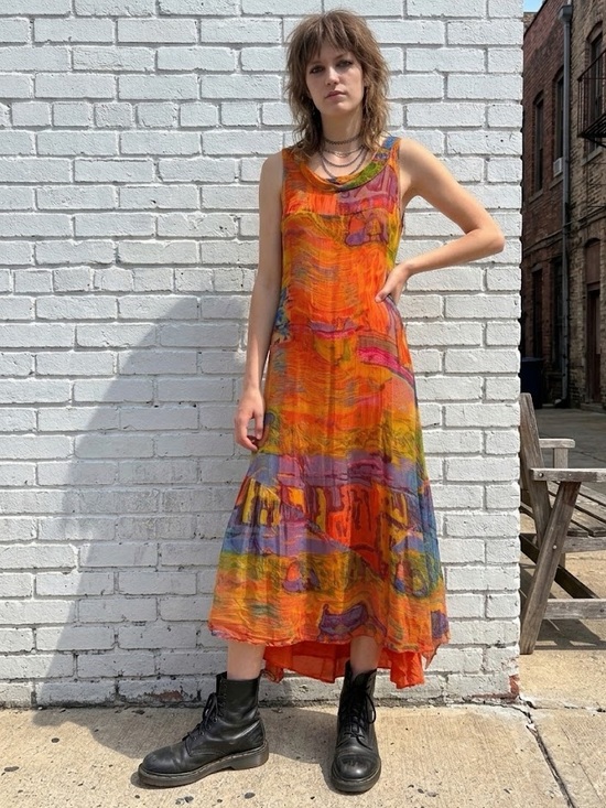 Vintage Dresses & Skirts - Vintage 90s Grunge Abstract Orange Art Wear Print Mesh Maxi Dress Size Small